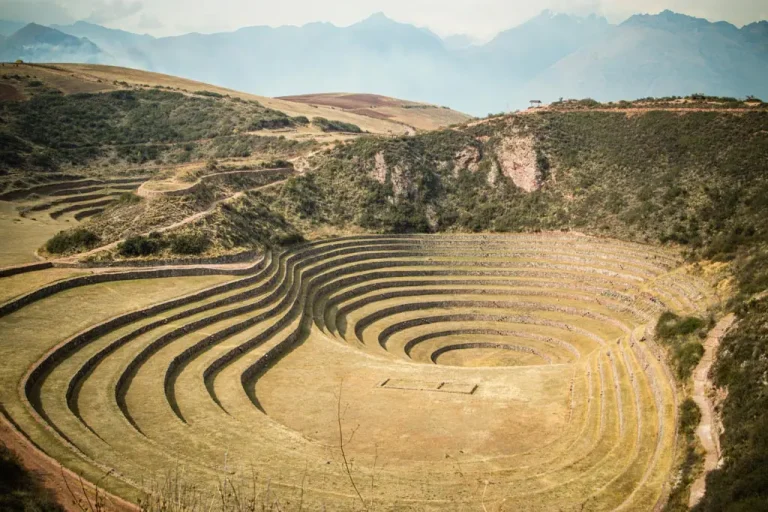 Aerial style view of the ancient circular agricultural terraces of Moray in Peru