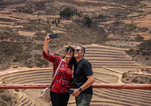Couple at the Moray Inca terraces