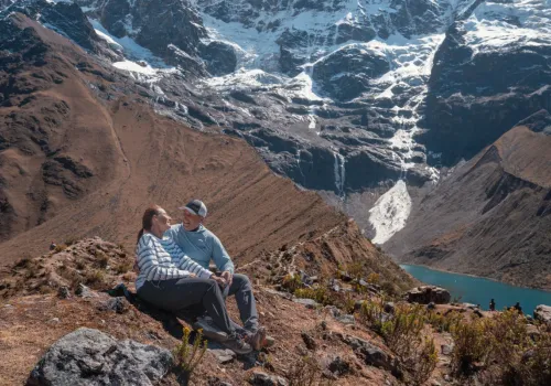 Travelers overlooking Humantay Lake