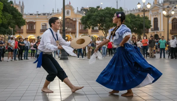 people dancing in a plaza the Peruvian dance tondero