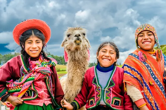 tres niños con una alpaca