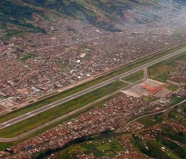 Scenic landing approach at the airport in Cusco Peru