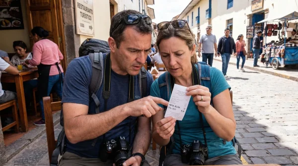 2 tourists checking whether the service charge includes a tip