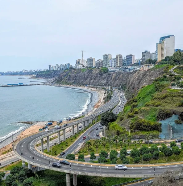 Spectacular view of Lima's Costa Verde, showing the high cliffs of land