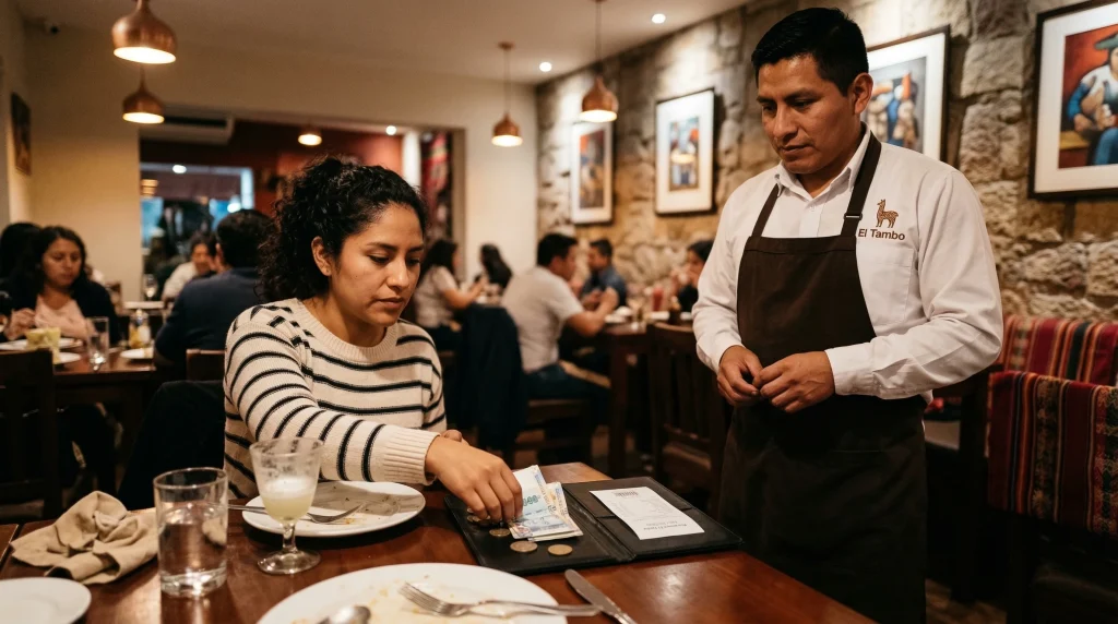 person leaving a tip in a restaurant in Peru