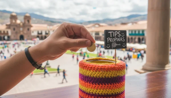 tourist leaving a tip at a restaurant in Peru