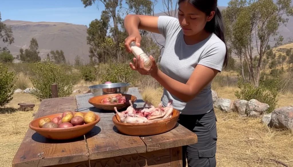 A woman preparing cuy chactado with its ingredients