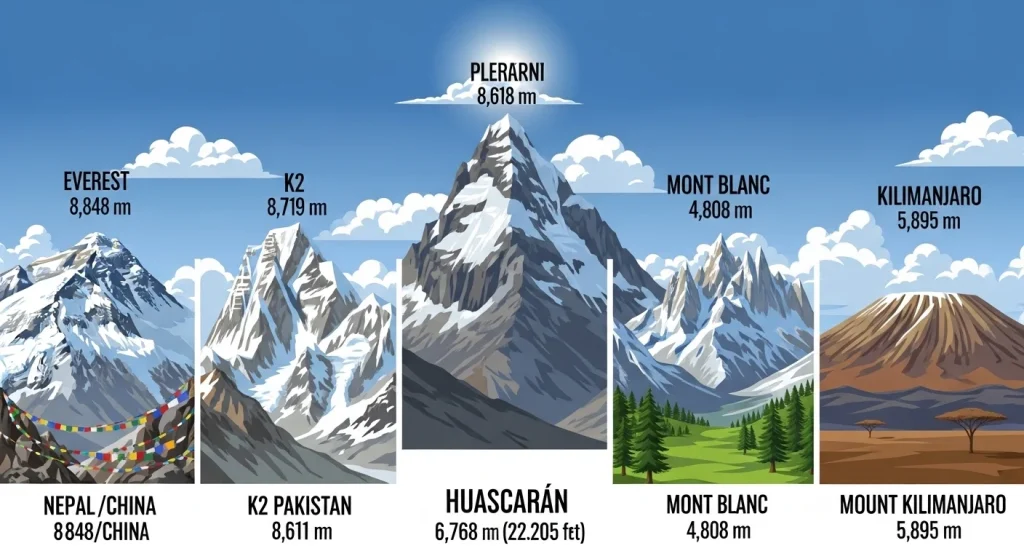 Comparison of the world's tallest mountains with Mount Huascarán in Peru