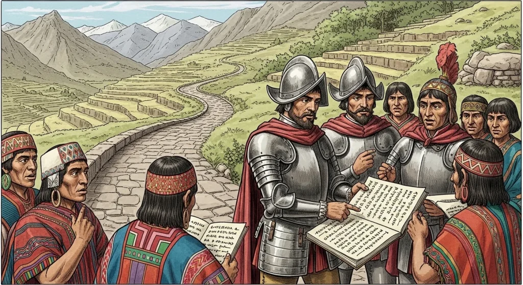 Spaniards showing books to the Incas