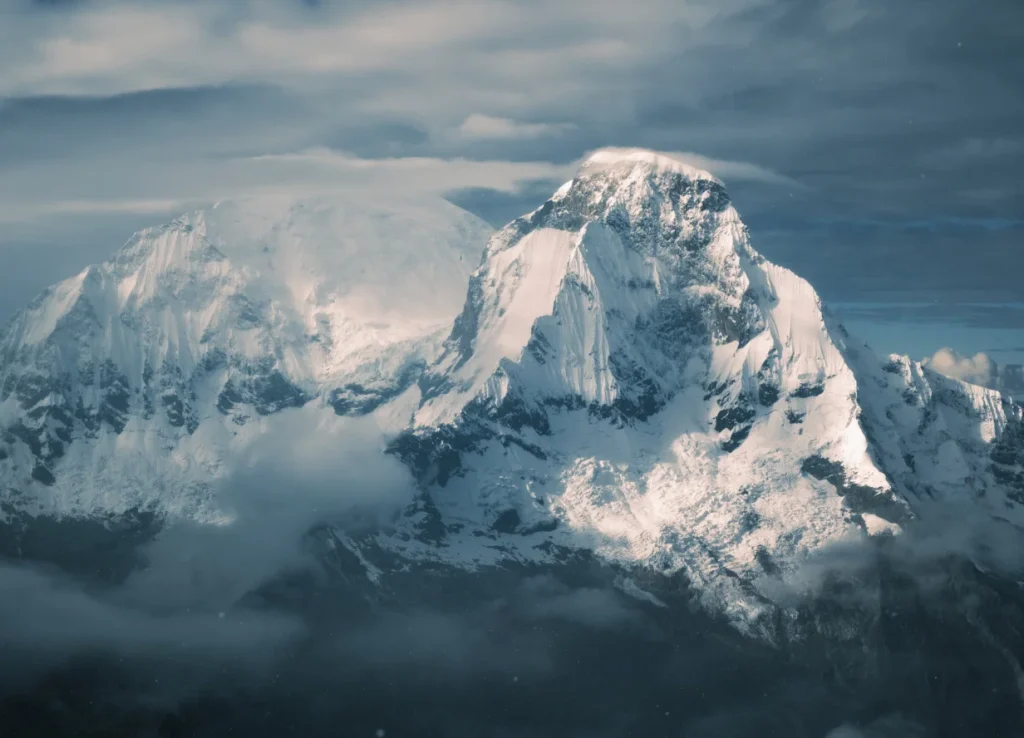 The towering Huascarán mountain in Peru, covered in snow