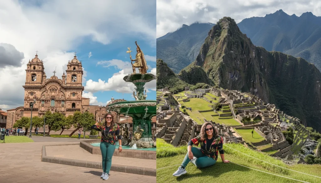 Tourist in Cusco's main square and at Machu Picchu.