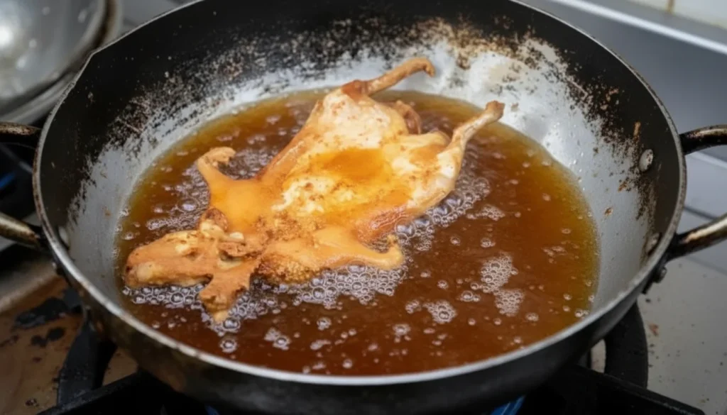 cooking shredded guinea fowl in hot oil