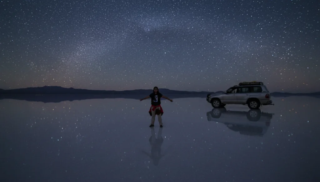 The Arequipa Salt Flat at night, reflecting the stars