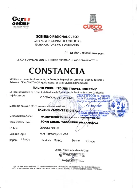 Business license machupicchu tours